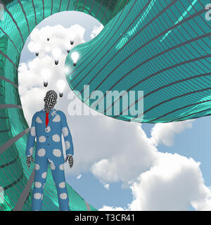 Mann im Schlafanzug. Glühbirnen stellt Gedanken und Ideen Stockfoto