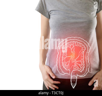 Digital composite der rot markierten schmerzhaften Darm von Frau/Gesundheit & Medizin Konzept Stockfoto