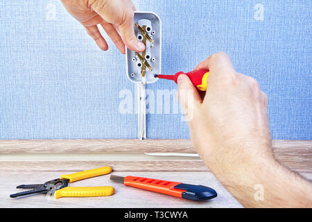 Verdrehen Schrauben in die Wand uotlet mit Schraubendreher, elektrische Verkabelung arbeiten. Stockfoto