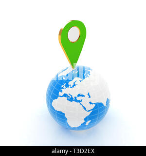 Planet Erde und Karte pins Symbol. 3D-Darstellung. Stockfoto
