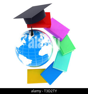 Masse der Bildung mit Büchern rund um Promotion und Hut. Global Education. 3D-Darstellung Stockfoto