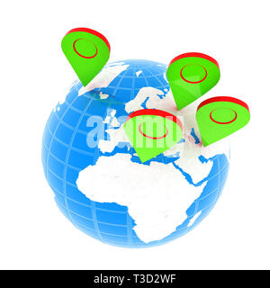 Planet Erde und Karte pins Symbol. Earth Globus und bunte Karte Etiketten. Moderne grafische Elemente für Web Banner, Webseiten, Drucksachen, Infografik Stockfoto