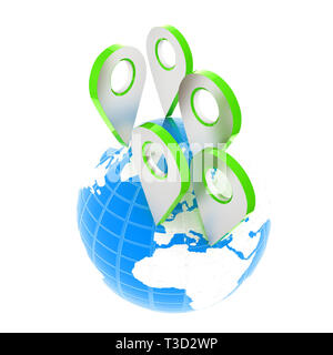 Planet Erde und Karte pins Symbol. Earth Globus und bunte Karte Etiketten. Moderne grafische Elemente für Web Banner, Webseiten, Drucksachen, Infografik Stockfoto