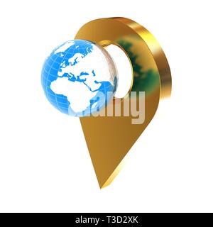 Planet Erde und goldene Karte pins Symbol auf der Erde. 3D-Darstellung. Stockfoto