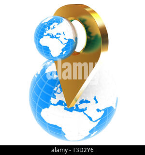 Planet Erde und goldene Karte pins Symbol auf der Erde. 3D-Darstellung. Stockfoto