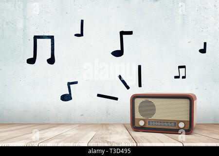 3D-Rendering für eine Retro Radio Empfänger auf einem Holz- oberfläche und handgezeichneten Noten an der Wand. Stockfoto