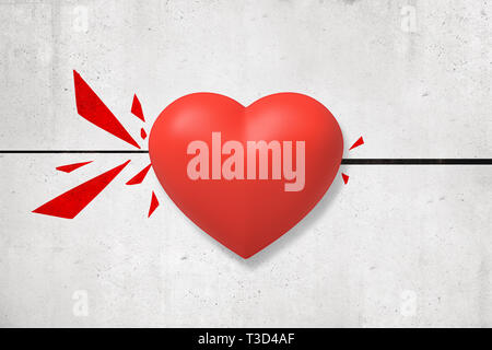 3D-Rendering von Red aufgespießt Herz mit roten gebrochen Fragmente auf weißer Wand Hintergrund Stockfoto