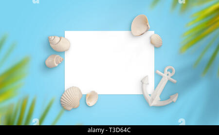 Leeren, weißen Papier auf Blau Schreibtisch, umgeben von Muscheln und Boot Anker. Palm Tree oben. Foto Mockup, Text oder Logo Förderung. Stockfoto