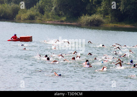 Gruppe der Schwimmer bei triathlon Wettbewerb am See Bezid, in der Nähe von Tirgu Mures, Rumänien Stockfoto