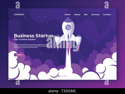 Website Landung Startseite mit Rakete. Business Projekt starten und die Entwicklung der modernen Flachbild Hintergrund. Mobile Web Design vorlage. Raumfahrt auf einer Stock Vektor