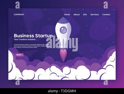 Website Landung Startseite mit Rakete. Business Projekt starten und die Entwicklung der modernen Flachbild Hintergrund. Mobile Web Design vorlage. Raumfahrt auf einer Stock Vektor