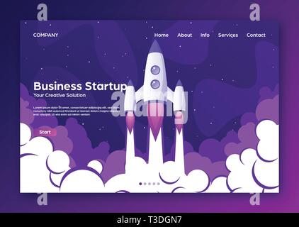 Website Landung Startseite mit Rakete. Business Projekt starten und die Entwicklung der modernen Flachbild Hintergrund. Mobile Web Design vorlage. Raumfahrt auf einer Stock Vektor