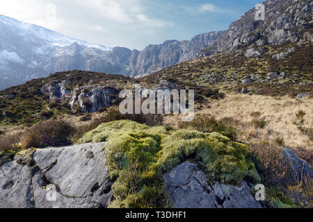 Der sogenannte "Teufels Küche befindet sich an der Spitze des Cwm Idwal (a Cirque oder Corrie) in der Glyderau Reichweite des Snowdonia National Park. Stockfoto