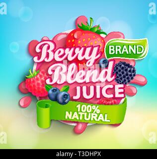 Frische Beeren Mischung Saft logo mit Splash, apteitic Tropfen und Erdbeeren, Blaubeeren, Himbeeren und Brombeeren für Banner, Poster, Marke, Vorlage Stock Vektor