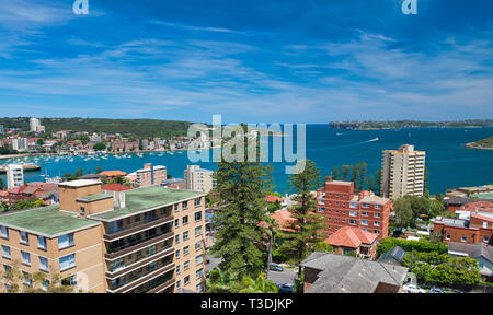 Panoramablick Luftaufnahme von Manly Beach Skyline an einem sonnigen Tag, Australien. Stockfoto