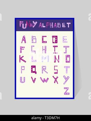 Lustige Alphabet für Kinder. ABS-Design mit einem geometrischen Muster. Vektor cartoony violett Buchstaben auf weißem Hintergrund. Nette Illustration für Kinder Stock Vektor
