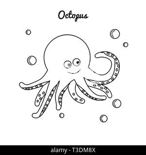 Färbung comic cartoon Octopus mit Luftblasen im Wasser. Vektor clam mit Tentakeln. Meer Wohnung Kontur auf weißem Hintergrund. Ozean Abbildung Stock Vektor