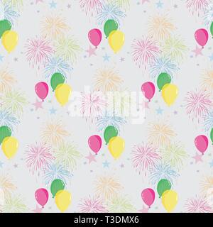 Festliche nahtlose Muster mit bunten Luftballons und Feuerwerk. Urlaub Design. Stock Vektor