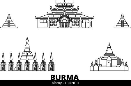 Birma line Reisen Skyline. Birma Umrisse Stadt Vektor-illustration, Symbol, Reisen, Sehenswürdigkeiten, Wahrzeichen. Stock Vektor