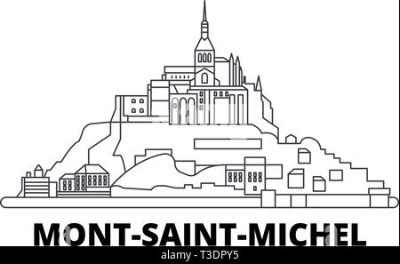 Frankreich, Mont Saint Michel und seine Bucht line Reisen Skyline. Frankreich, Mont Saint Michel und seine Bucht skizzieren Stadt Vektor-illustration, Symbol, Reisen Stock Vektor