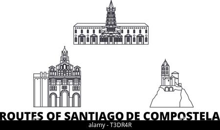 Frankreich, Routen von Santiago De Compostela line Reisen Skyline. Frankreich, Routen von Santiago De Compostela Umrisse Stadt Vektor-illustration, Symbol Stock Vektor