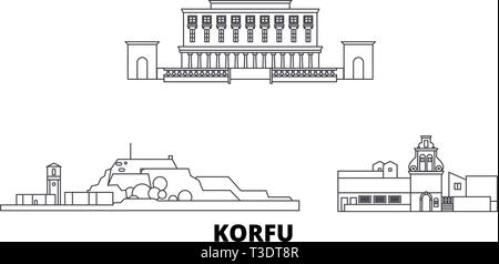 Griechenland, Korfu line Reisen Skyline. Griechenland, Korfu übersicht Stadt Vektor-illustration, Symbol, Reisen, Sehenswürdigkeiten, Wahrzeichen. Stock Vektor