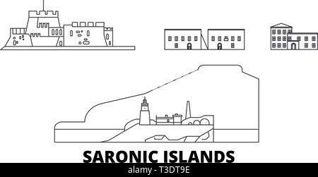 Griechenland, Saronische Inseln line Reisen Skyline. Griechenland, Saronische Inseln Übersicht Stadt Vektor-illustration, Symbol, Reisen, Sehenswürdigkeiten, Wahrzeichen. Stock Vektor