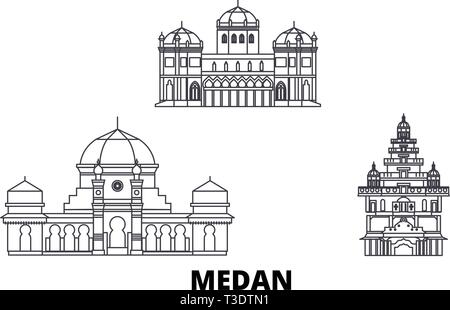 Indonesien, Medan line Reisen Skyline. Indonesien, Medan Umrisse Stadt Vektor-illustration, Symbol, Reisen, Sehenswürdigkeiten, Wahrzeichen. Stock Vektor