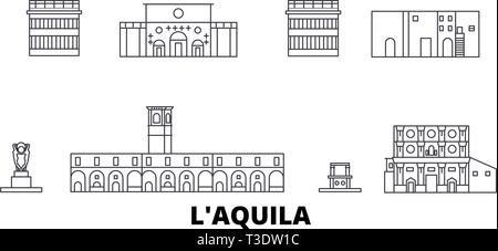 Italien, L'Aquila line Reisen Skyline. Italien, L'Aquila Gliederung Stadt Vektor-illustration, Symbol, Reisen, Sehenswürdigkeiten, Wahrzeichen. Stock Vektor