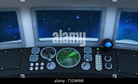Cockpit der retro UFO Raumschiff in die Tiefen des Weltraums, vintage Raumschiff fliegen in das Universum mit Planeten und Sternen, Innenansicht, 3D-Rendering Stockfoto