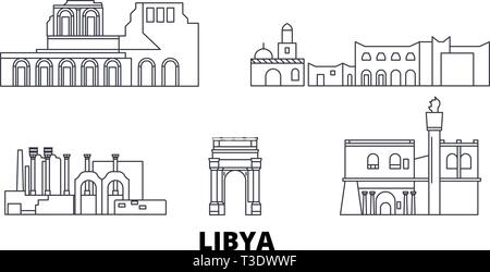 Libyen line Reisen Skyline. Libyen übersicht Stadt Vektor-illustration, Symbol, Reisen, Sehenswürdigkeiten, Wahrzeichen. Stock Vektor