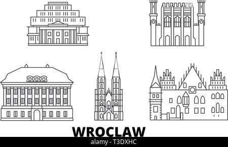 Polen, Breslau line Reisen Skyline. Polen, Wroclaw übersicht Stadt Vektor-illustration, Symbol, Reisen, Sehenswürdigkeiten, Wahrzeichen. Stock Vektor