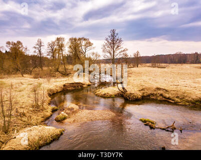 Ländliche Landschaft im April. Kleiner Fluss Sula im frühen Frühling. Luftaufnahme von Brook Kurven in einem MEDOW. Weißrussland Stockfoto