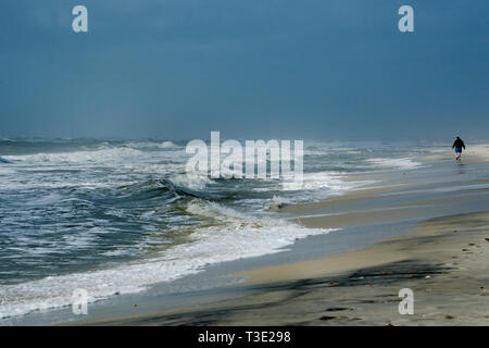 Ein Mann geht am Strand entlang am westlichen Ende von Dauphin Island in Alabama am Dez. 4, 2011. (Foto von Carmen K. Sisson/Cloudybright) Stockfoto