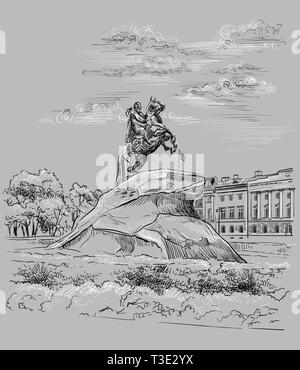 Stadtbild von Denkmal der russische Zar Peter der Große am Senatsplatz, Sankt Petersburg, Russland. Blick auf Der Bronzene Reiter Monument und Senat. Ist Stock Vektor