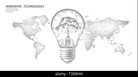 Glühbirne mit Baum auf der Weltkarte. Lampe Energie sparen Ökologie Umwelt Idee Konzept. Polygonale Licht Strom green energy Power banner Vektor Stock Vektor