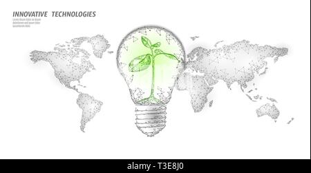 Lampe mit kleinen Pflanze auf der Weltkarte. Lampe Energie sparen Ökologie Umwelt sprießen Idee Konzept. Polygonale Licht Strom grüne Energie Stock Vektor