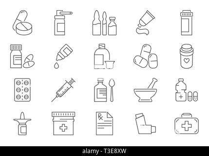 Reihe von Medikamenten Vektor Zeile für Symbole. Enthält solche Ikonen wie Pillen, Spray, Spritze, Erste Hilfe, Gel, Rezept, Sirup, Pillen Rohr, Zahnpasta, Kapsel, Stock Vektor