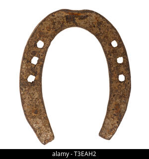 Blick von oben auf die ursprünglichen rostiges Hufeisen auf weißem Hintergrund Stockfoto
