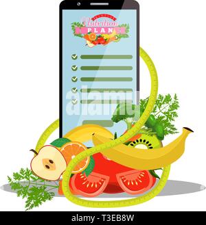Mit app der Diät plan auf dem Bildschirm und dietic Obst, Gemüse Smartphone, Maßband daneben. Vector Illustration. Stock Vektor