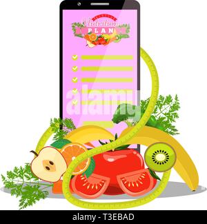 Mit app der Diät plan auf dem Bildschirm und dietic Obst, Gemüse Smartphone, Maßband daneben. Vector Illustration. Stock Vektor