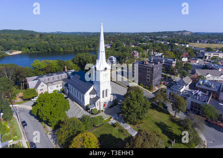 Erste Gemeindekirche in Winchester Center Historic District in Downtown Winchester, Massachusetts, USA. Stockfoto