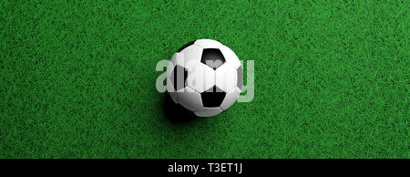 Fußball-Fußball-Konzept. Fußball, weiße und schwarze Farbe auf grünem Gras, Banner, Ansicht von oben, 3D-Darstellung Stockfoto