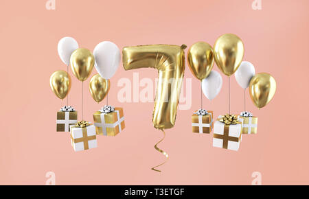 Nummer 7 Geburtstag Gold Ballon mit präsentiert. 3D-Rendering Stockfoto