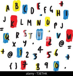 Bunte Buchstaben und Zahlen Hand gezeichnet. Schwarz, Gelb, Rot, Blau, Weiß Stock Vektor