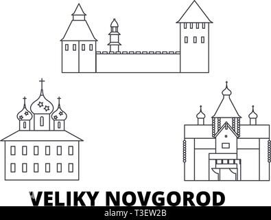 Russland, Veliki Nowgorod line Reisen Skyline. Russland, Veliki Nowgorod Umrisse Stadt Vektor-illustration, Symbol, Reisen, Sehenswürdigkeiten, Wahrzeichen. Stock Vektor