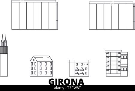 Spanien, Girona Linie reisen Skyline. Spanien, Girona Überblick Stadt Vektor-illustration, Symbol, Reisen, Sehenswürdigkeiten, Wahrzeichen. Stock Vektor