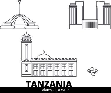 Tansania line Reisen Skyline. Tansania Übersicht Stadt Vektor-illustration, Symbol, Reisen, Sehenswürdigkeiten, Wahrzeichen. Stock Vektor