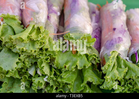 Wickelte Reis Nudeln, grüner Salat, Karotte und blau Kohl, aus der Nähe. Frische Brötchen mit Reisnudeln in Kopfsalat und Reispapier mit Kraut gewickelt Stockfoto