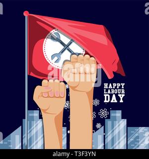 Happy Tag der Arbeit mit den Händen Faust und Flagge Vector Illustration Design Stock Vektor